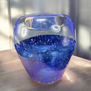 Blue Crystal Votive Candle Holder Made In Poland Small Bubbles Hollow Bottom